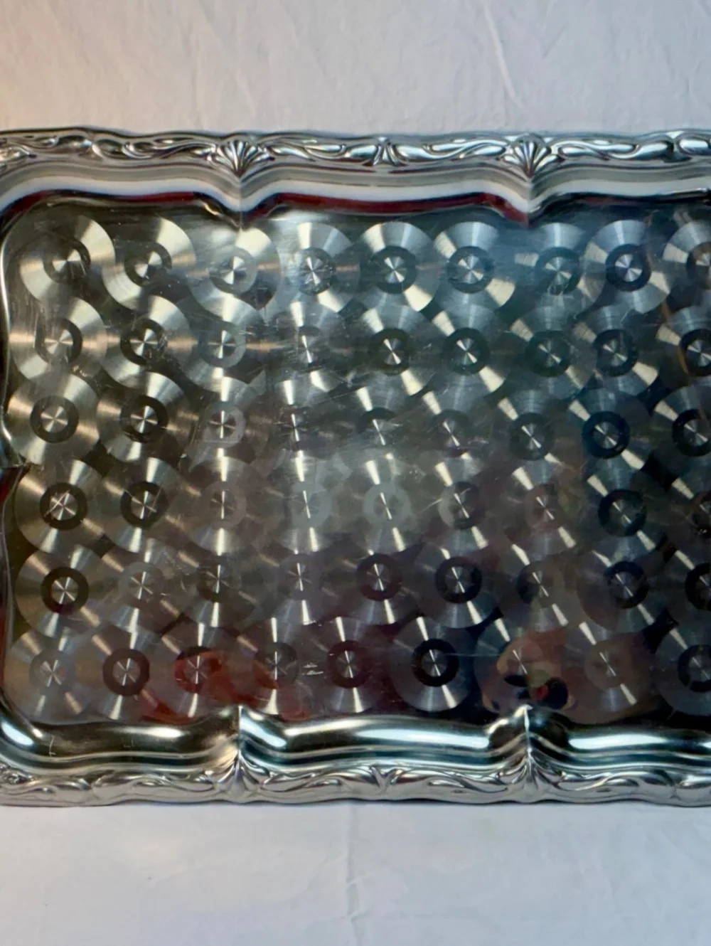 Vintage Stainless Steel Serving Tray Enbossed engine turned Swirl Pattern